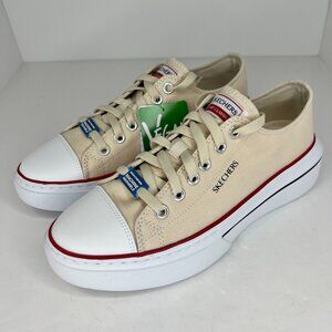 Skechers Beige Canvas Platform Sneakers with White Toe and Red Trim